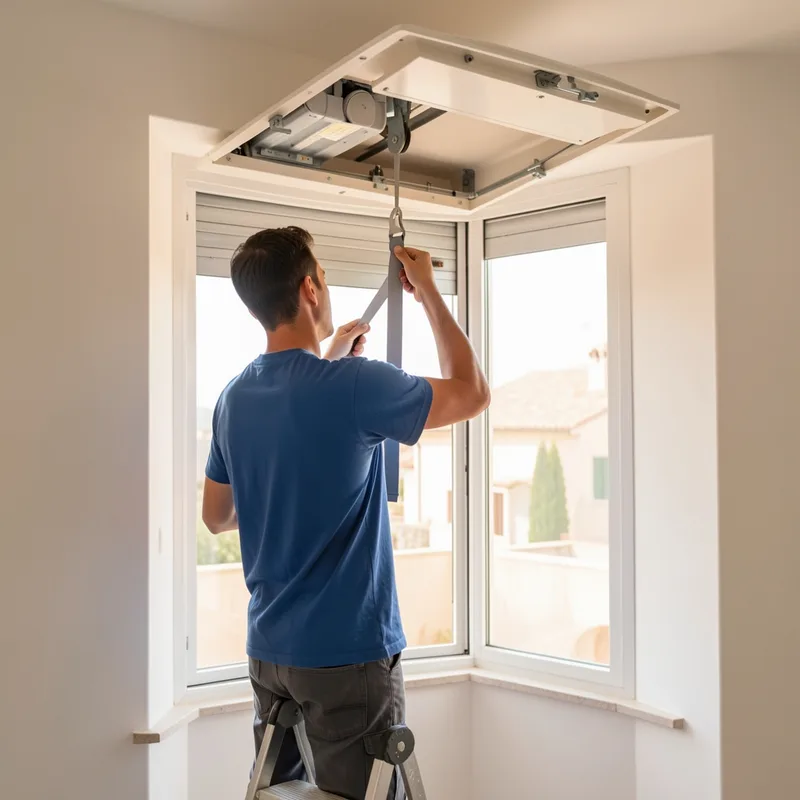 Technicien remplaçant la sangle d&rsquo;un volet roulant depuis l&rsquo;intérieur d&rsquo;un appartement lumineux