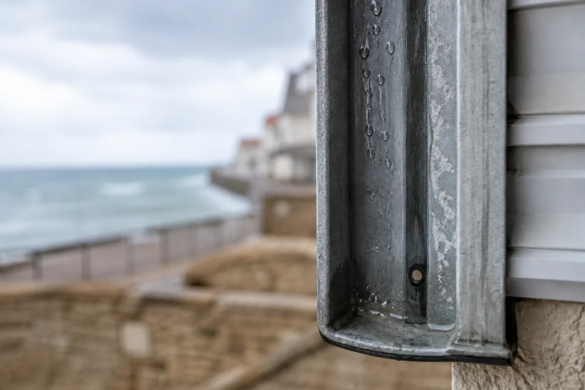 Coulisse latérale de volet roulant rincée à l&rsquo;eau douce sur une façade en bord de mer