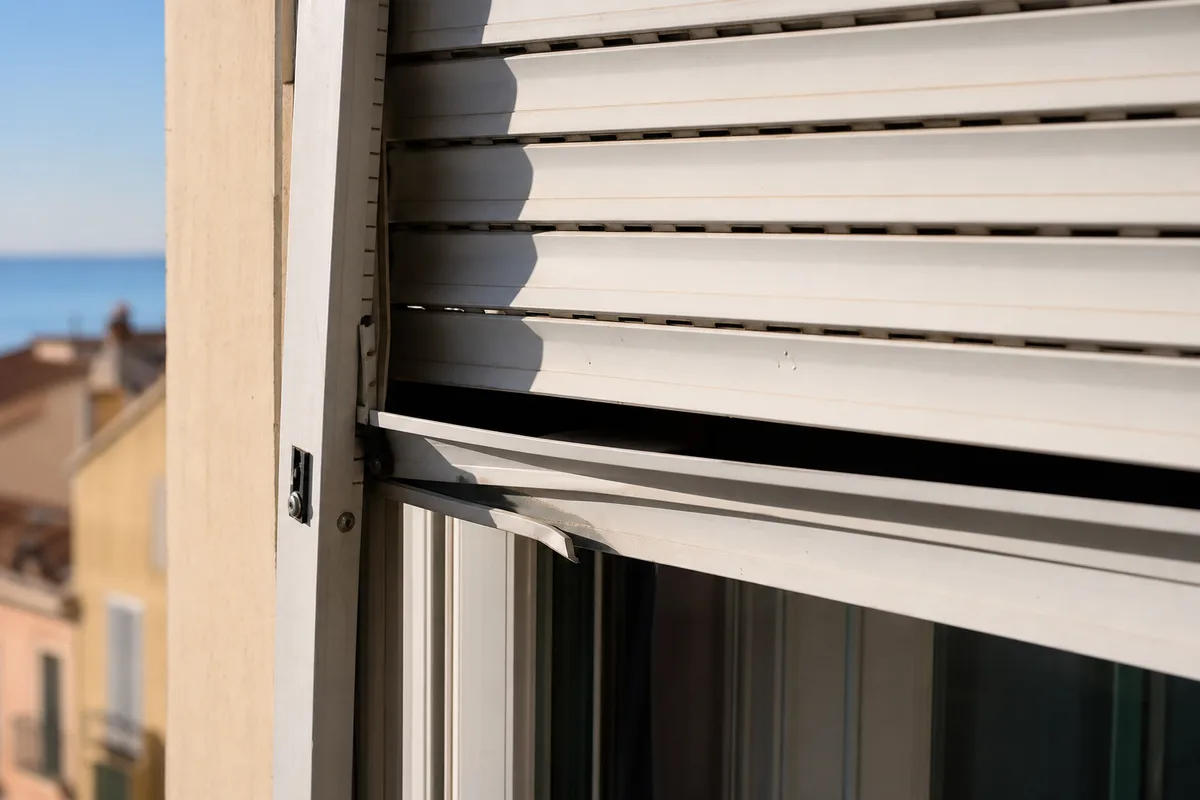 Volet roulant bloque a mi-hauteur sur une fenetre d&rsquo;immeuble ancien marseillais
