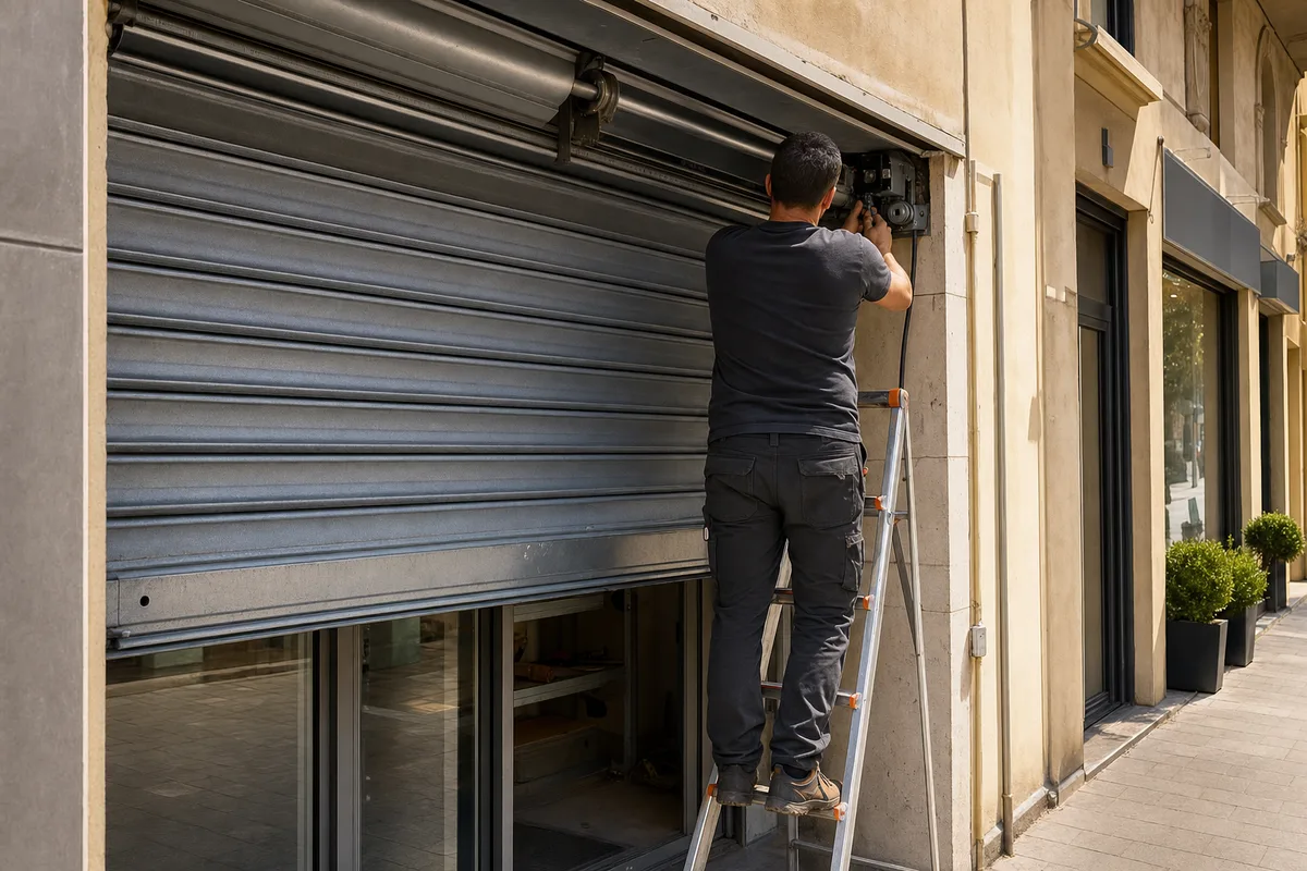 Technicien de dos remettant en service le moteur d&rsquo;un rideau metallique de commerce