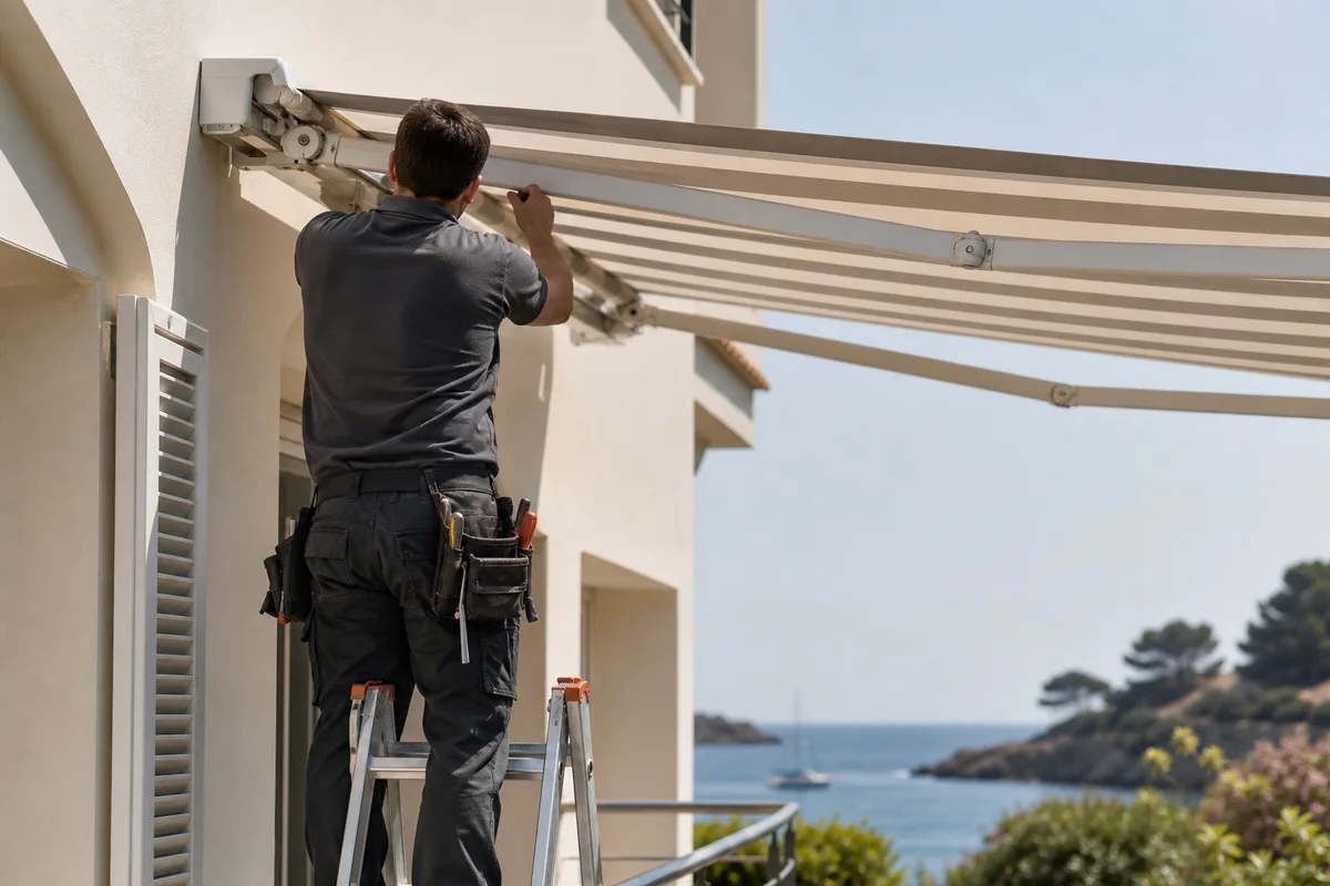 Technicien de dos remplacant le bras articule d&rsquo;un store banne sur une facade claire