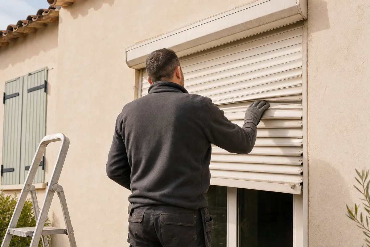 Technicien inspectant le tablier bloqué d&rsquo;un volet roulant sur une façade du sud