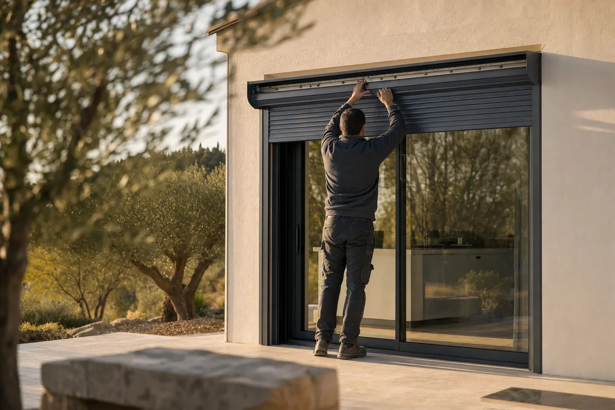 Installateur posant un volet roulant sur mesure sur une baie de villa provençale