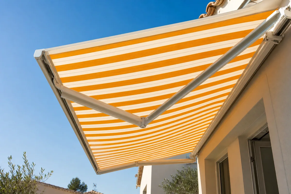Store banne déployé au-dessus d&rsquo;une terrasse ensoleillée sur la Côte d&rsquo;Azur