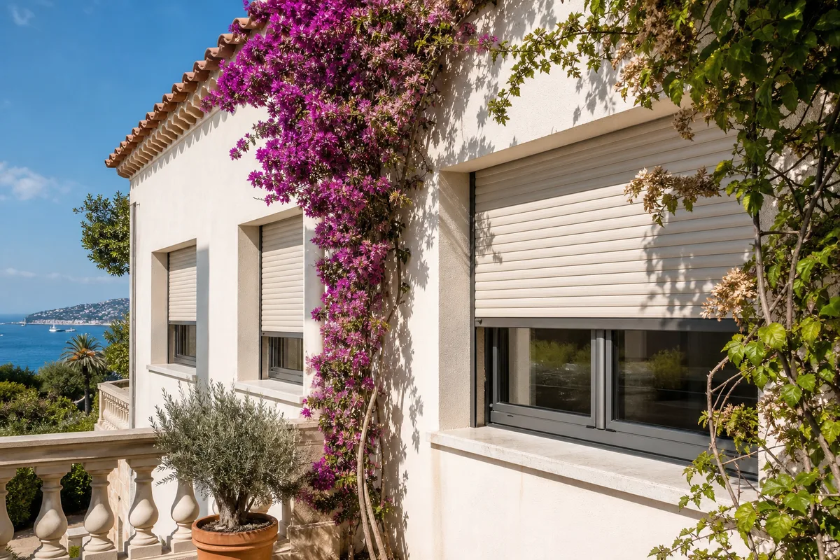 Volets roulants clairs sur une villa du littoral azuréen sous un soleil intense