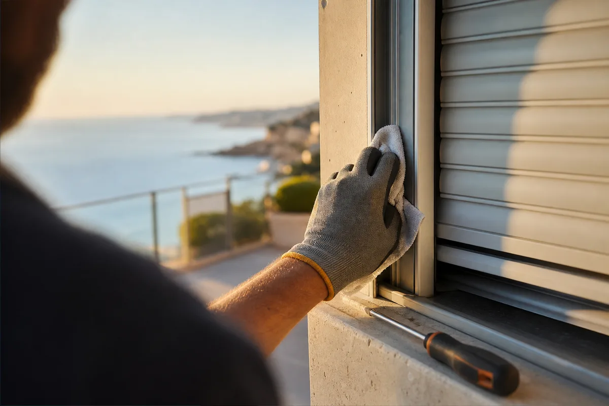 Nettoyage et entretien d&rsquo;une coulisse de volet roulant sur une terrasse face à la mer